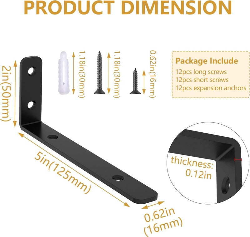 LSK 6PCS L Bracket, 5"×2"(125×50mm) Shelf Support Corner Bracket for Wooden Board, Max Load : 42lb, Black - Image 2